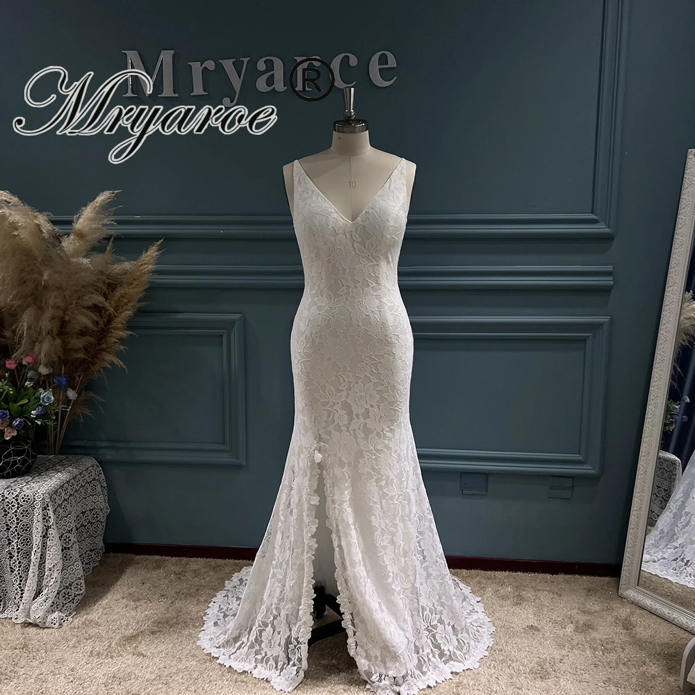 Mryarce Einfache Klassische Stretch Spitze Seite Slit Hochzeit Kleid V Neck Open Back Brautkleider
