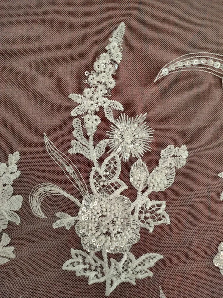 High Quality Embroidery Leaf White Bead Sequin Mesh Wedding Dress DIY Lace Fabric Clothing Accessories