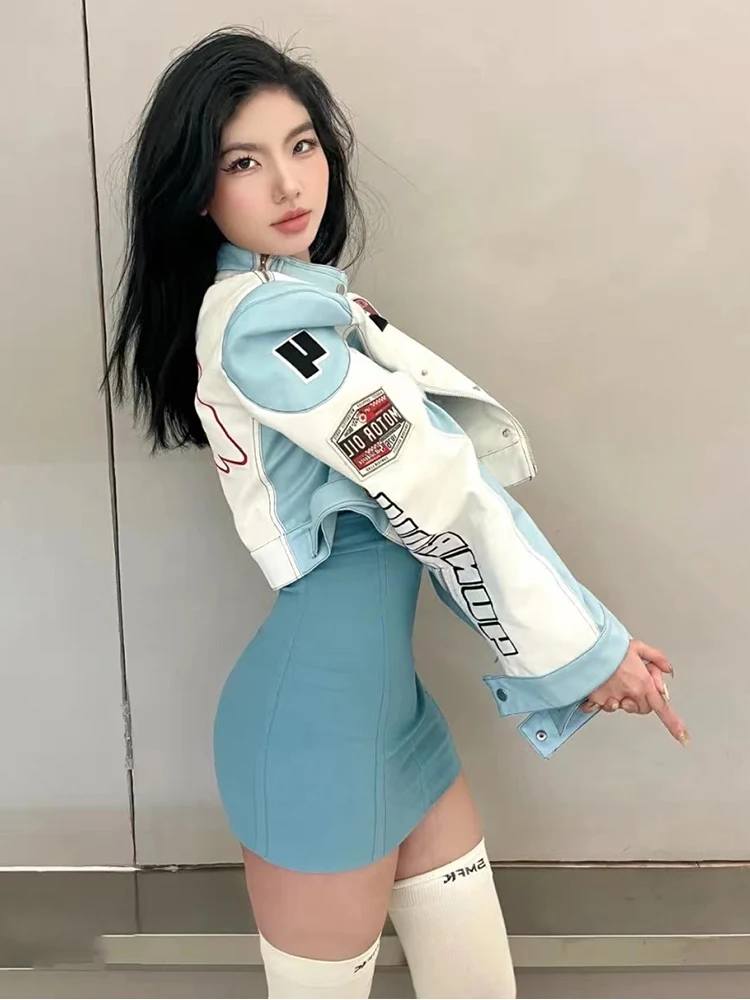 

Stitching High-grade Embroidery Patch Spring Women's New Locomotive PU Leather Jacket Casual Stand Collar Embroidery Short Coat