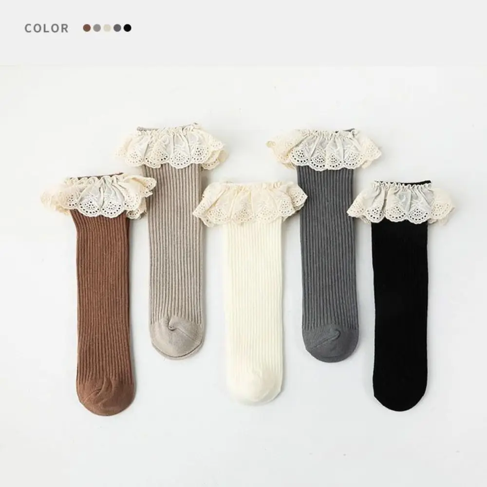 5Pairs Ruffled Edge Baby Calf Socks Baby Lace Trim Long Tube Infant Cotton Stockings Toddle Cotton Cartoon Above Knee Socks