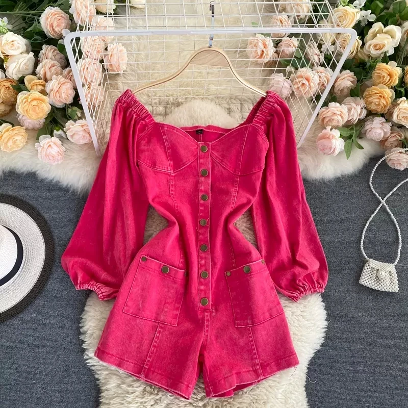 

Women Denim Playsuit Summer's New Jumpsuits Long Sleeve Vintage Single-breasted Slim Short Denim Rompers