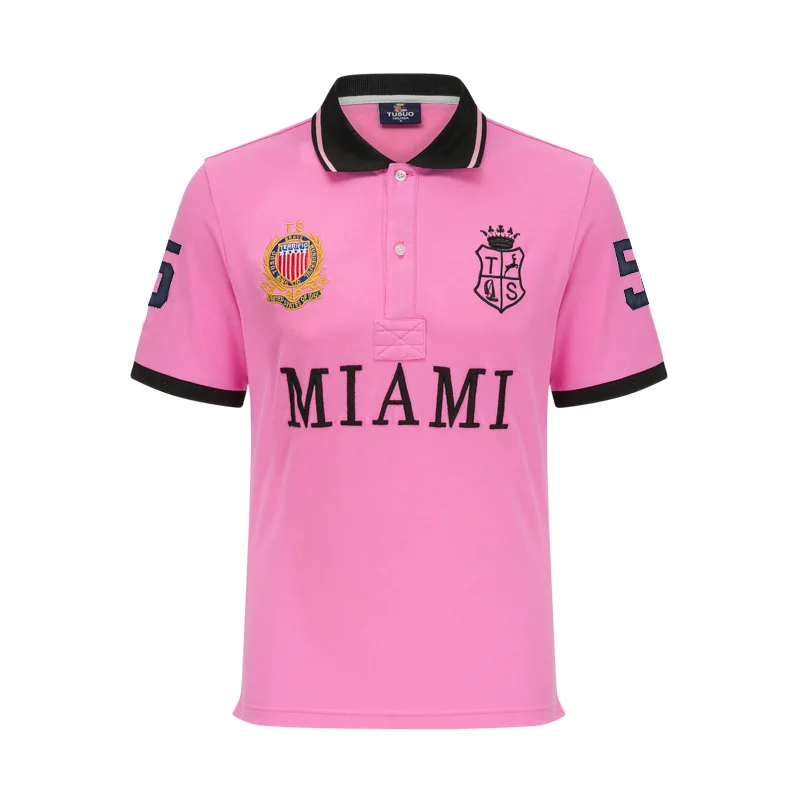 

New Short Sleeved Polo Shirt for Men's Miami Classic Pink Sports Casual Pure Cotton Large Size Short Sleeved T Shirt Homme
