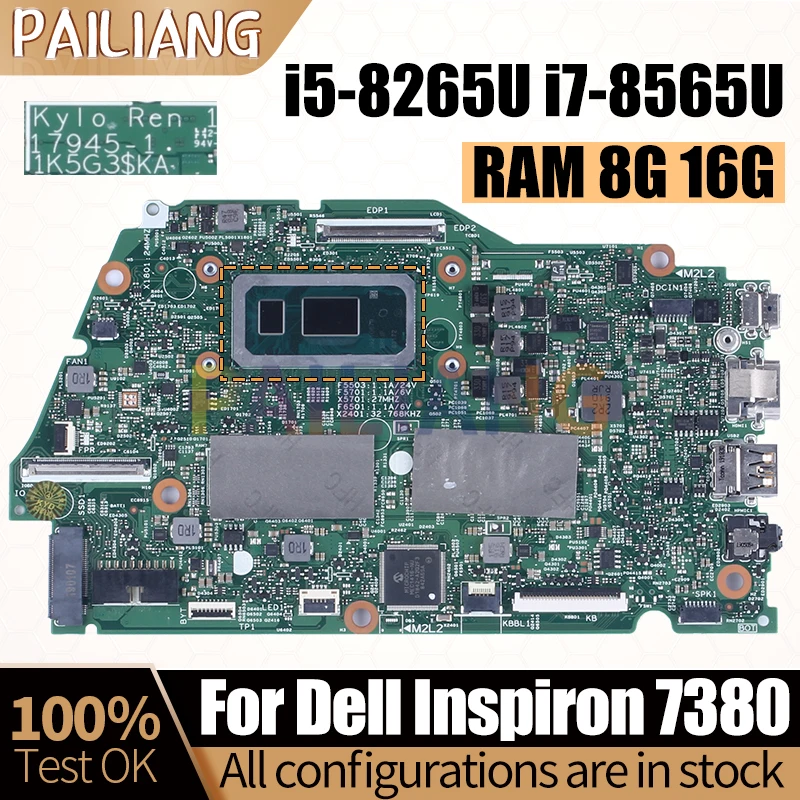 

For Dell Inspiron 7380 Notebook Mainboard Laptop 17945-1 i5-8265U i7-8565U 8G 16G 0TFNFX 03KK8G 0J9MM4 Motherboard Full Tested