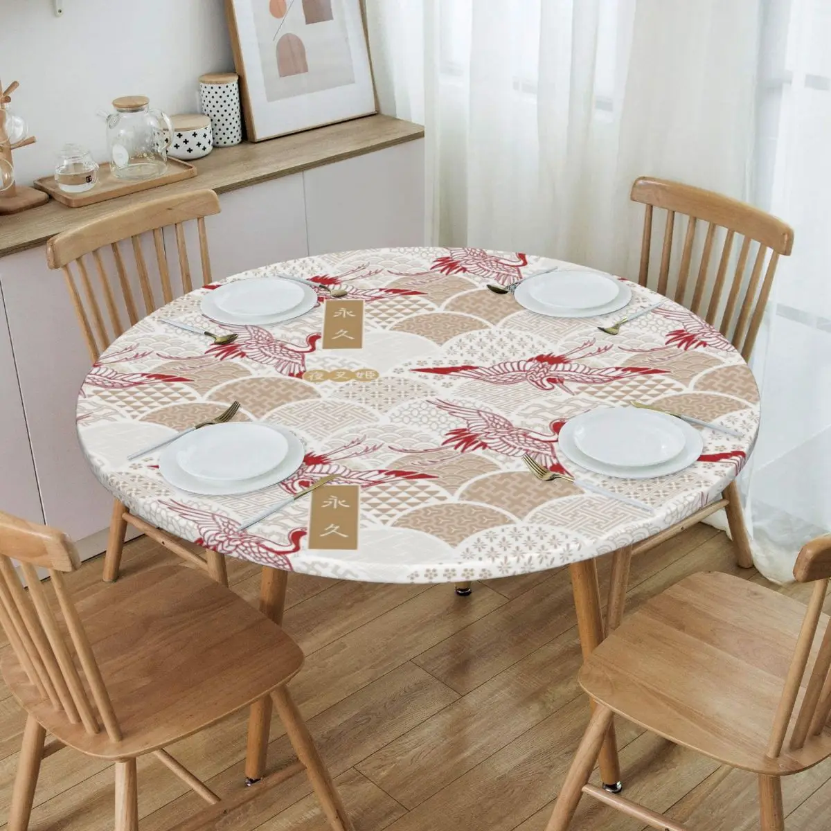 

Round Waterproof OilProof Yashahime Towa Crane Tablecloth Backing Elastic Edge Table Covers Japanese Kagome Inuyasha Table Cloth