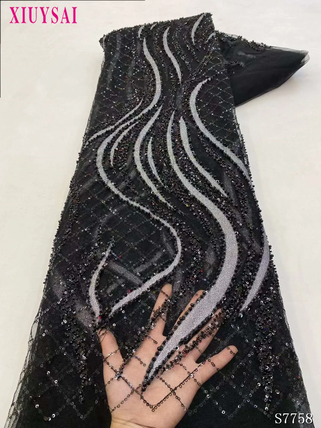 

African Handmade Beads Laces Fabrics Luxury Nigerian Sequins Mesh Lace Fabric French Bride Tulle Lace For DIY Wedding