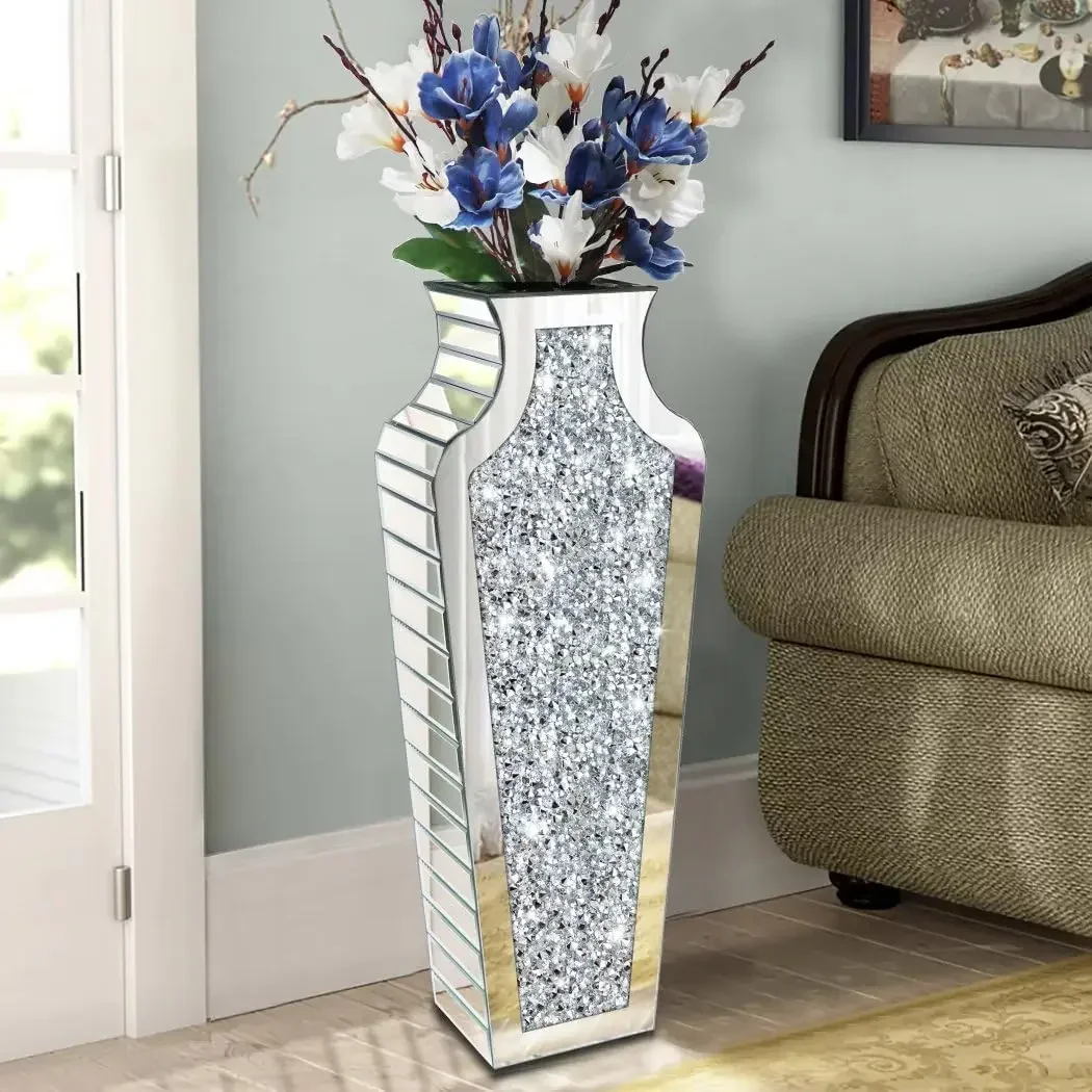 

Furniture supplies Floor Vase Crushed Diamond Mirrored Vase 27” Tall, Crystal Silver Glass Decorative Mirror Vase Large Size Lux