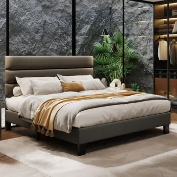 Full/Queen/King Bed Frame with Adjustable Headboard, Fabric Upholstered, Platform Bed No Noise, No Box Springs Needed
