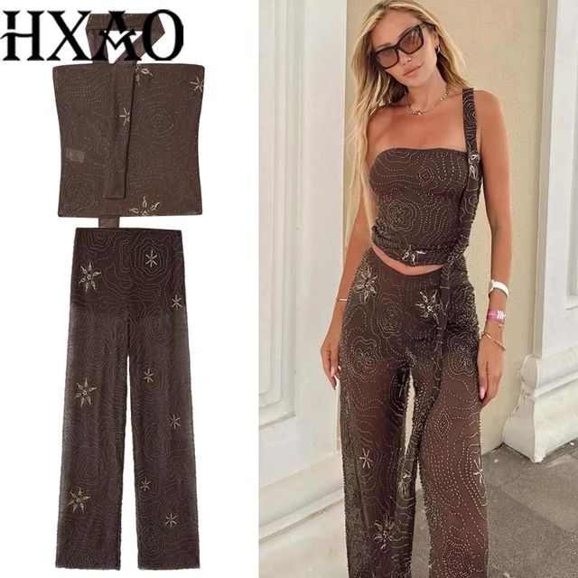 HXAO Tulle Women's Two Pieces Set Baggy Sequin Pants Sets Strapless Crop Top Beaded Long Pants 2 Piece Sets Semi Sheer Trousers
