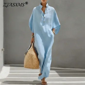Summer Holiday Bohemian Long Dress Women's Sexy Stand Collar Button Elegant Party Dresses Spring Batwing Sleeve Loose Maxi Dress 1