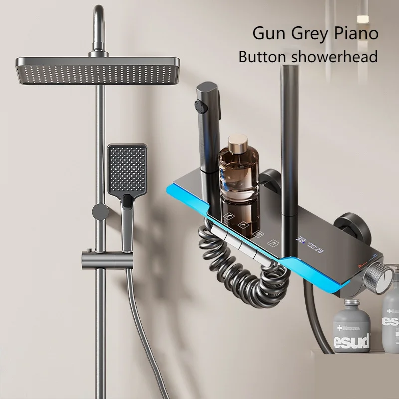 Grey Shower Set Ambient Light Showers System Set  Digital Display Piano Button With Bathroom Faucets Shower Head 2