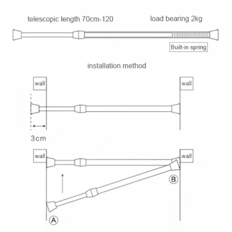 60-110cm Adjustable Curtain Rod Without Drilling Metal Spring Loaded Bathroom Bar Shower Extendable Telescopic PolesHanging Rods