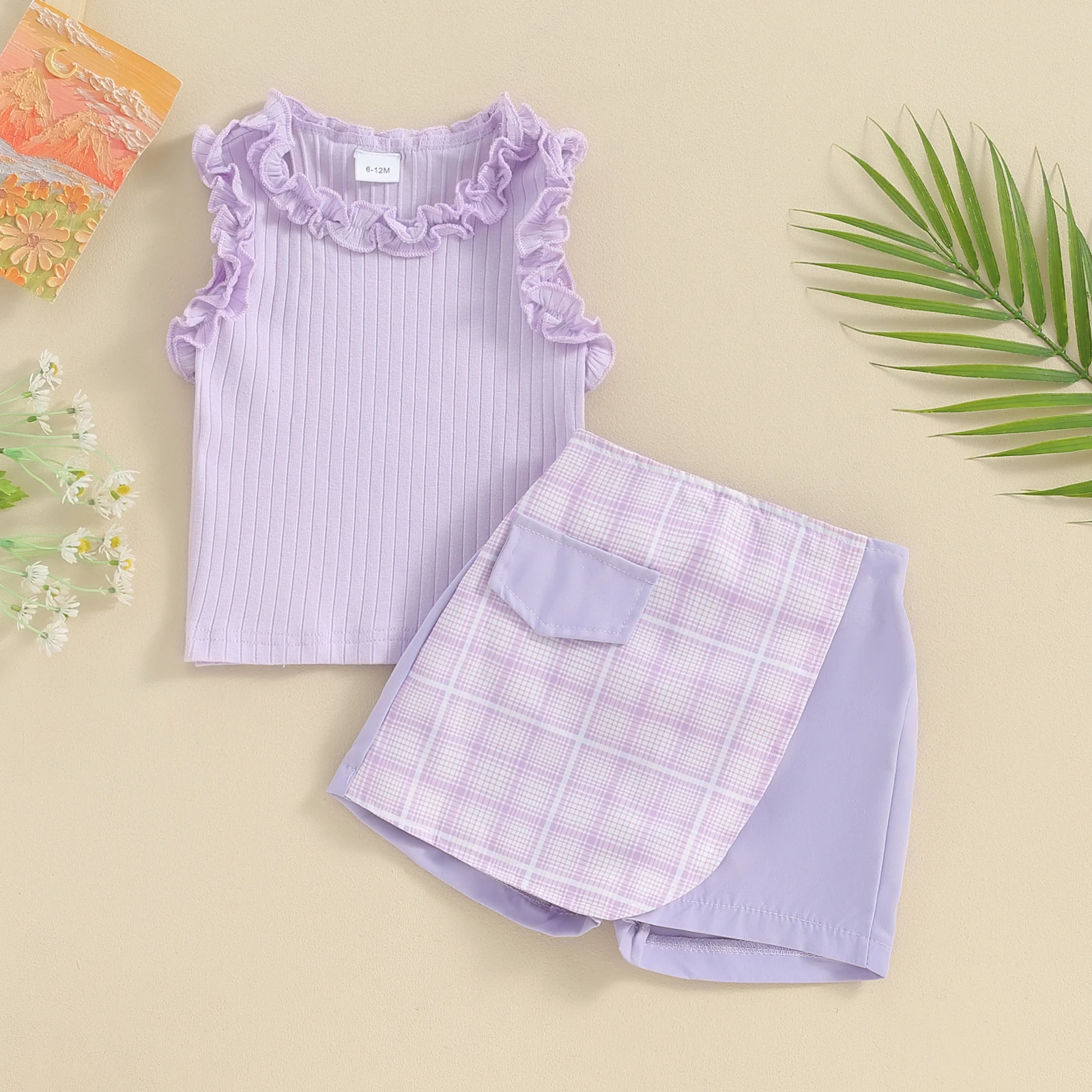 FOCUSNORM 0-4Y Fashion Kids Girls Clothes Sets Flowers Ruffle Sleeveless Tank Tops Plaid Print Shorts Skirt Sets