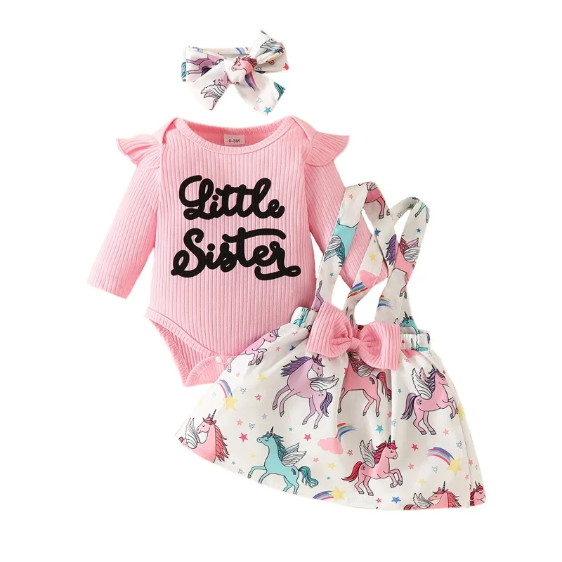 

Baby Girl 2Pcs Ribbed Clothes Set Long Sleeve Little Sister Print Ruffle Tops Suspender A-line Skirt Fall Outfits