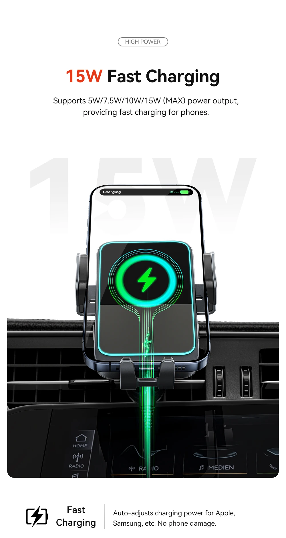 15W Car Phone Holder Wireless Fast Charging Stand Air Vent Mount For iPhone 16 1
