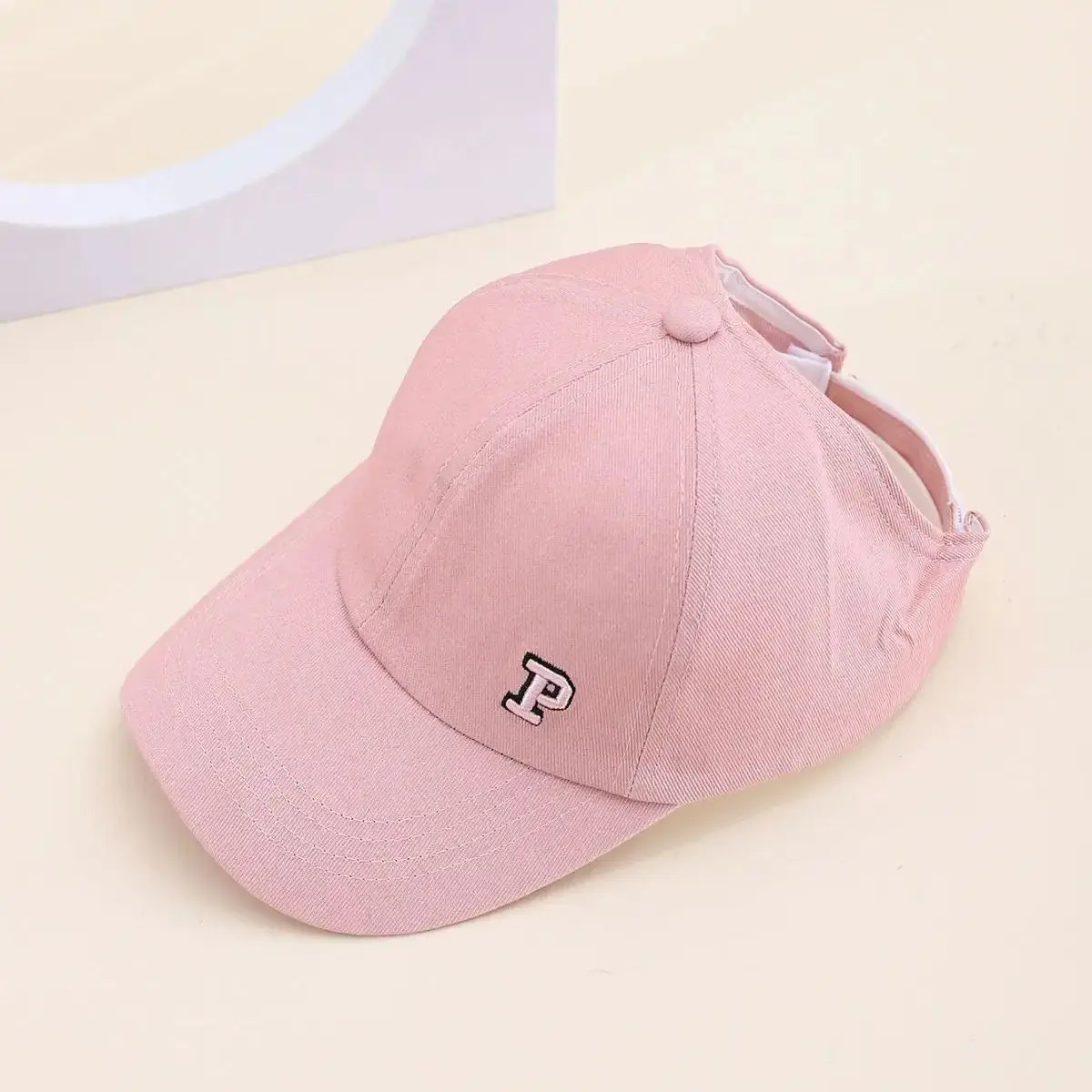 Children's Spring Summer Duckbill Cap Girl's Letter P Embroidery Half Hollow Top Tie a Ponytail Baseball Cap