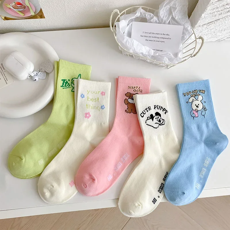 5 Pairs Women Cotton Animals Socks Spring Autumn Middle Tube Socks Harajuku Funny Sox Cartoon Print Mid Socks Calcetines Mujer