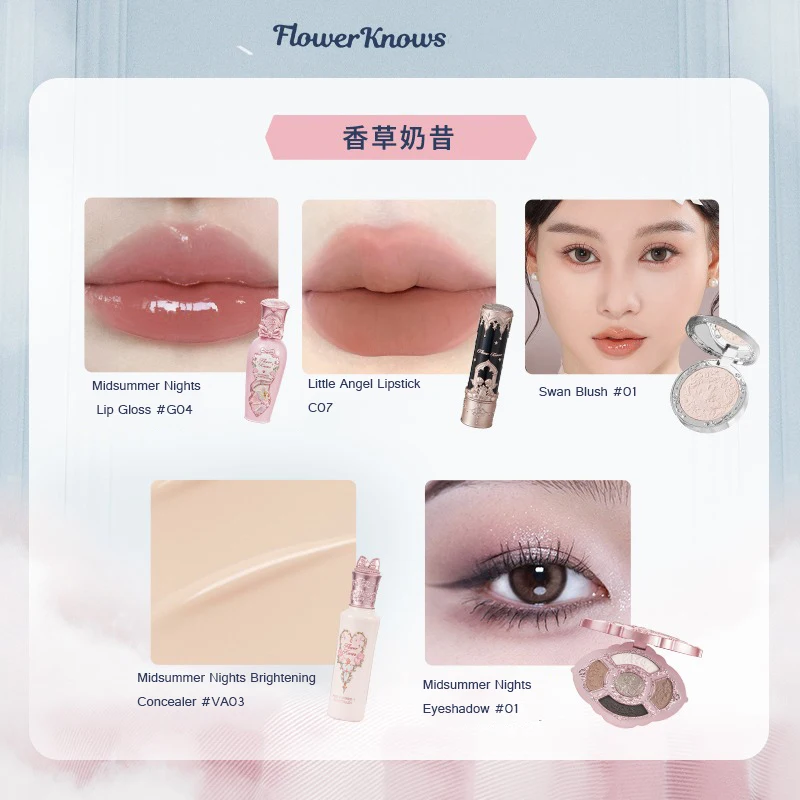Flower Knows Gift Set Little Angel Lip Glaze Original Matte Blush For Cheeks Vegan Long Lasting Eyeshadow Palette Make Up Set 4