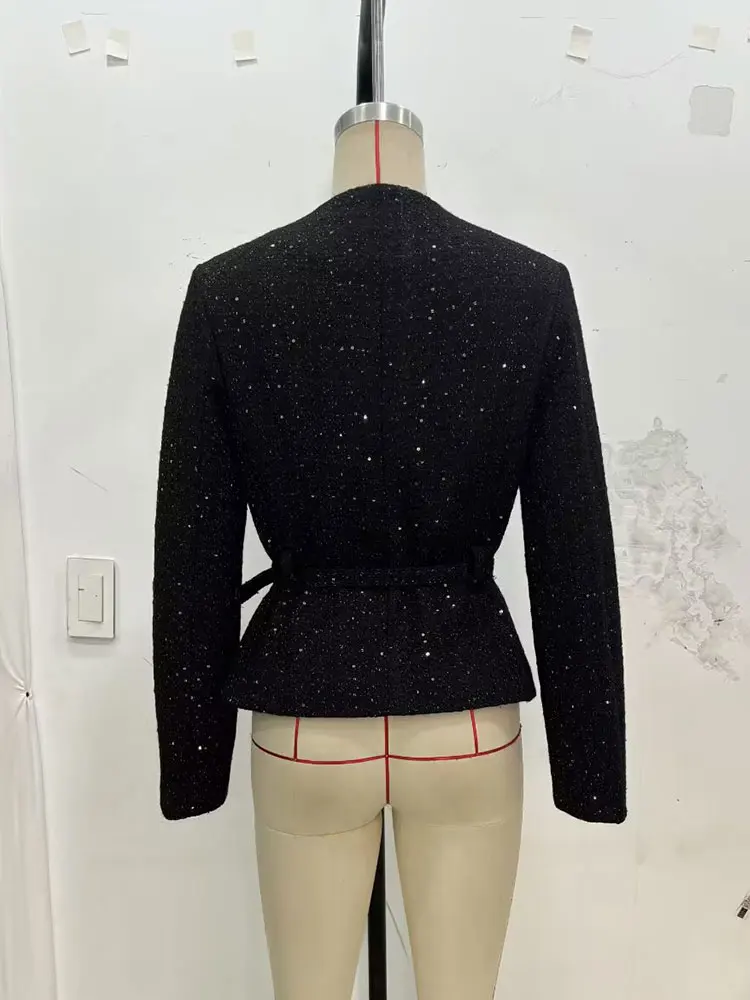 HH Women Fashion Sequin Coat Long Sleeve O Neck Single Breasted Overcoat Jacket With Belt Autumn Casual Office Lady Chic Outwear