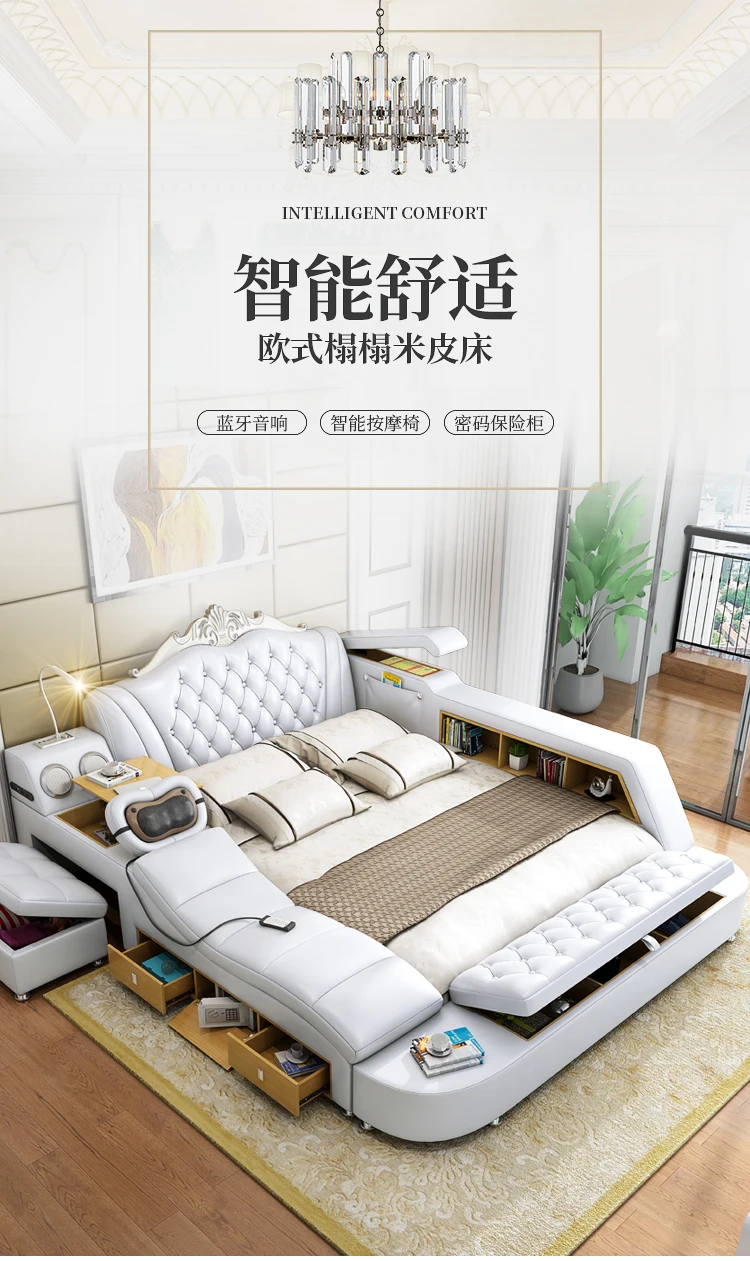 Description Picture 2 of itemWhite High End Double Bed Designer European Luxury Modern Twin Bed Frame Platform Multifunctional Cama Box Casal Furniture