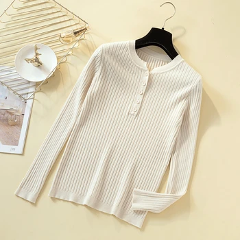 زر سترة المرأة الأساسية الصلبة سليم بلوفر مغزول النساء البلوزات البلوفرات البلوز الخريف الشتاء الكورية الإناث تريكو 5