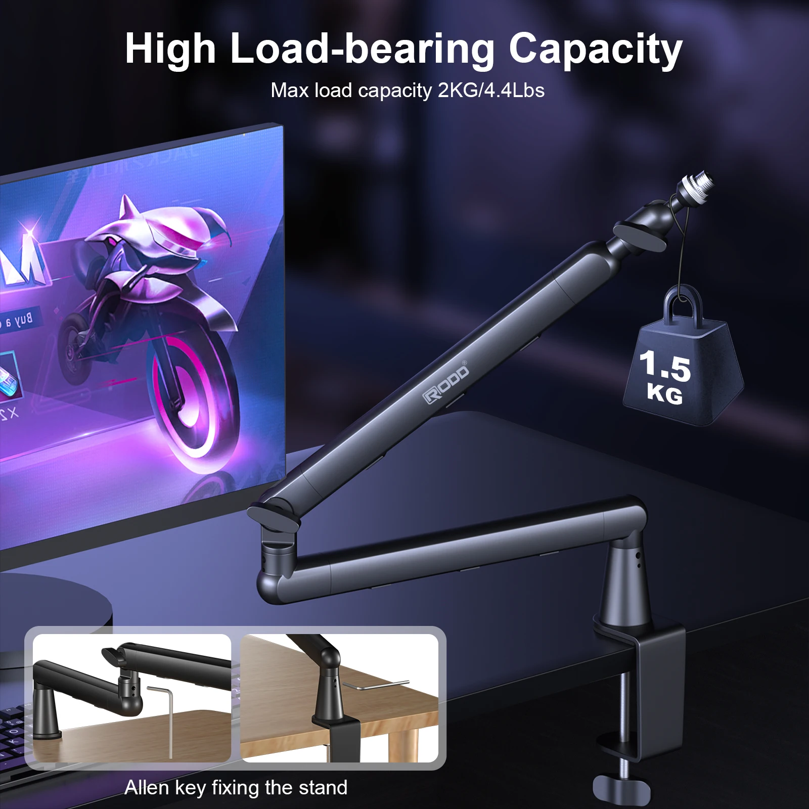 RODD AK-55 마이크 붐 암 조절식 마이크 스탠드는 블루예티, 스노우볼 아이스 및 하이퍼엑스 쿼드캐스트에 적합합니다.