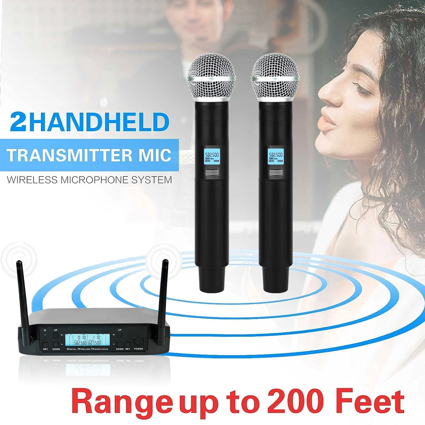 UHF 무선 마이크 시스템 전문 무선 마이크 200CH 가라오케 노래 200ft 범위에 대한 가변 주파수