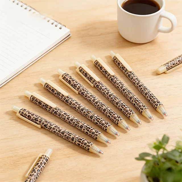 Leopard Print Retractable Ballpoint Pens – Stylish Smooth Writing Office Stationery Set, Black Ink, No Cap, Multi-Color Barrel 1