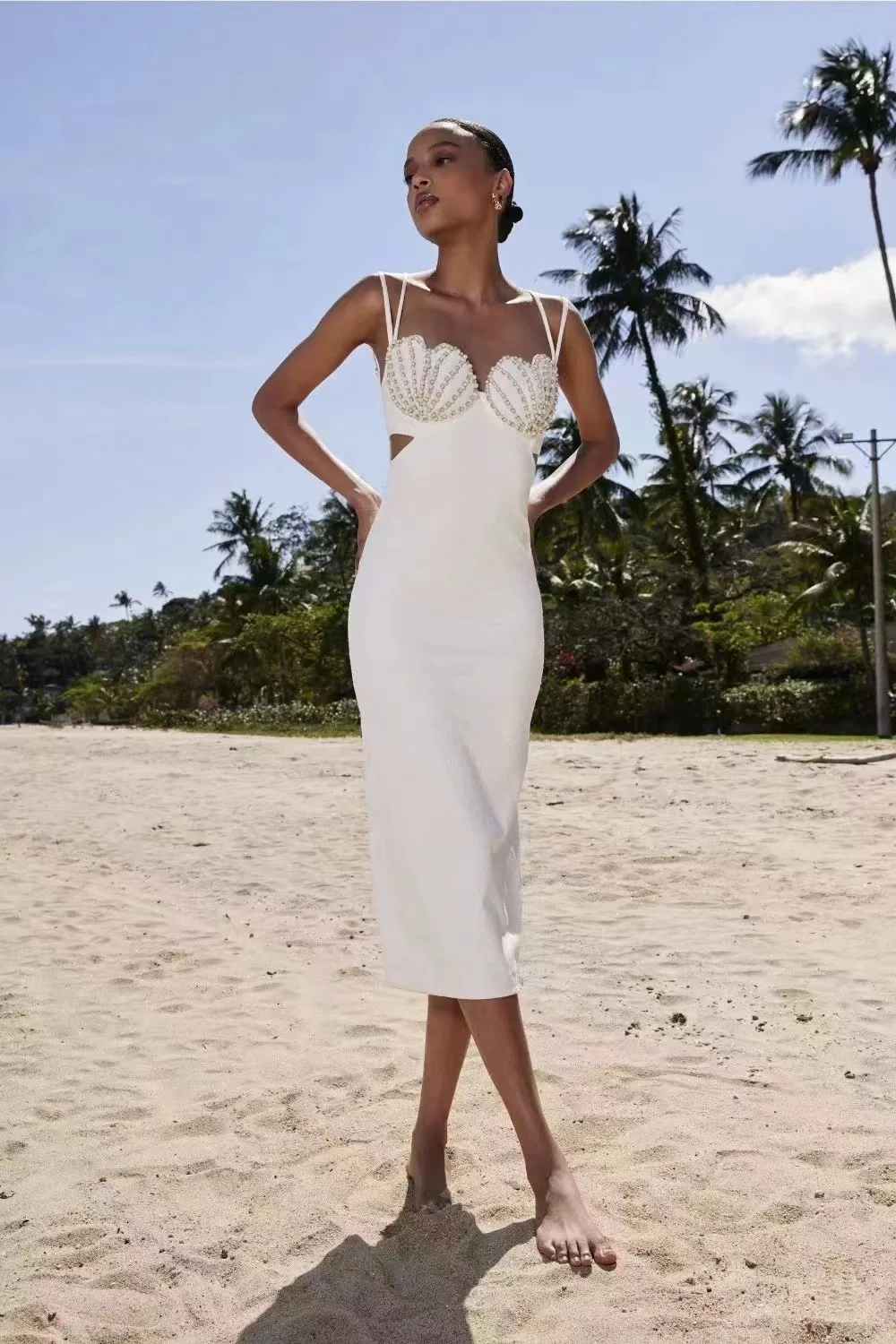 

2023 New Summer Shell Shape Beading Sexy Hollow Out Bodycon Mid Calf Dress Graceful Woman Party Vestido Cocktail Party Outfit