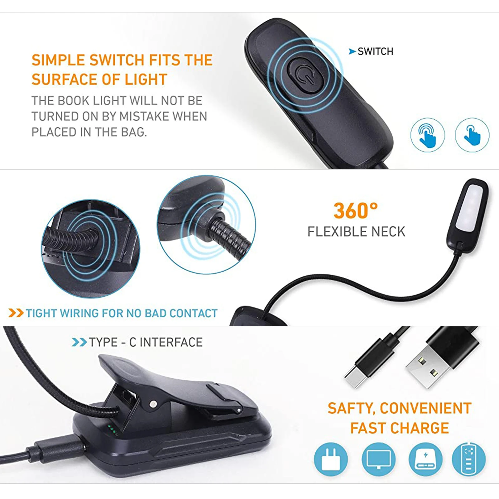 Reading Lights for Books in Bed Portable Clip-on LED USB Rechargeable Lamp Eye-protection in 3 Colors & 3 Brightness for Kids