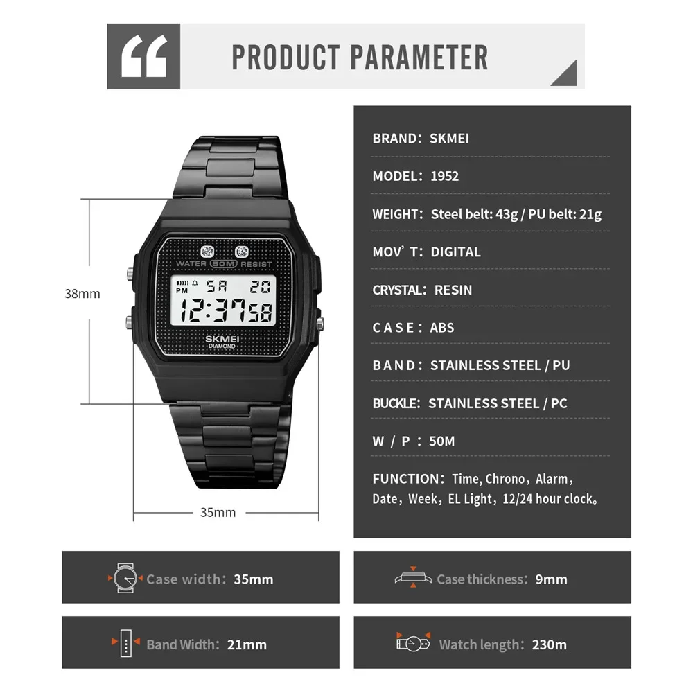 SKMEI 1952 Fashion 5Bar Waterproof Digital Wristwatch military Chronograph Date Week  For Men Alarm Clock reloj hombre Sport Wat 6