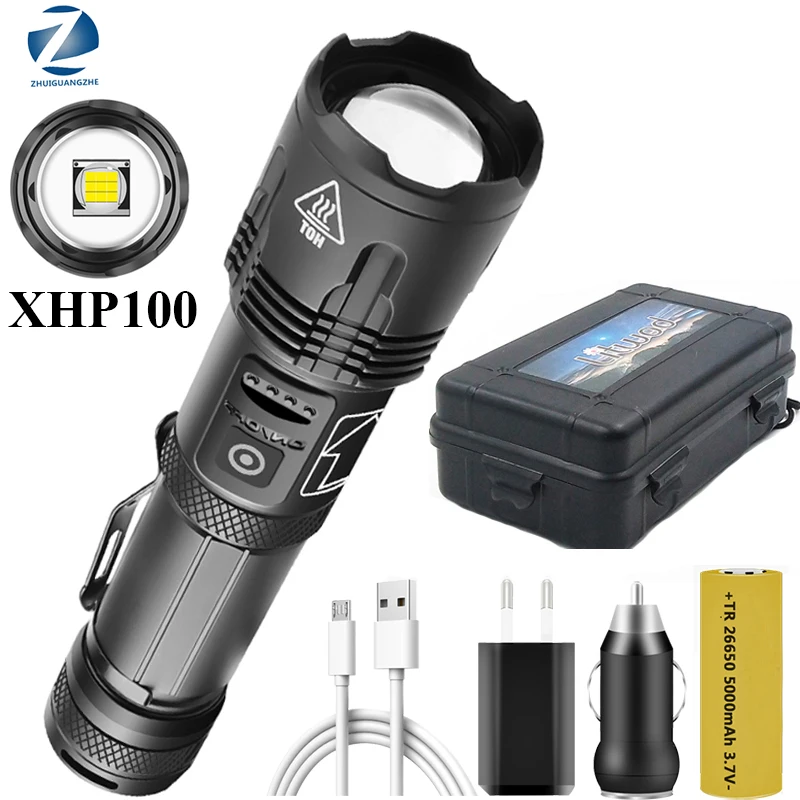 

Zoomable Aluminum Alloy Lantern XHP100 9-core Led Flashlight Power Bank Function Torch Usb Rechargeable 18650 or 26650 Battery