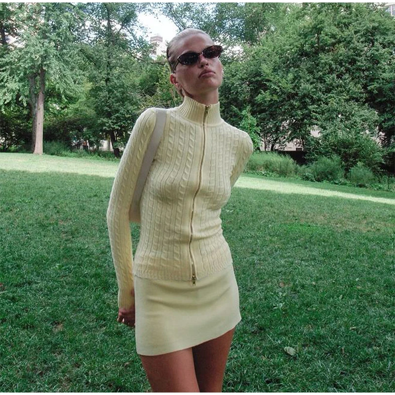 Casual Knitted Solid Zipper Sweater Woman Vintage Slim Fit Stand Collar Cardigan Sweaters Lady Autumn Versatile Street Knitwear