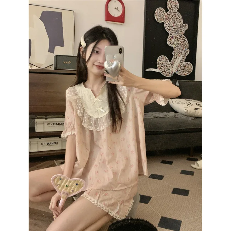 Summer Woman Sweet Kawaii Pajama Set Floral Lace Fashion Shorts Short Sleeves Loungewear Korean Style Long Pants Pajamas Clothes