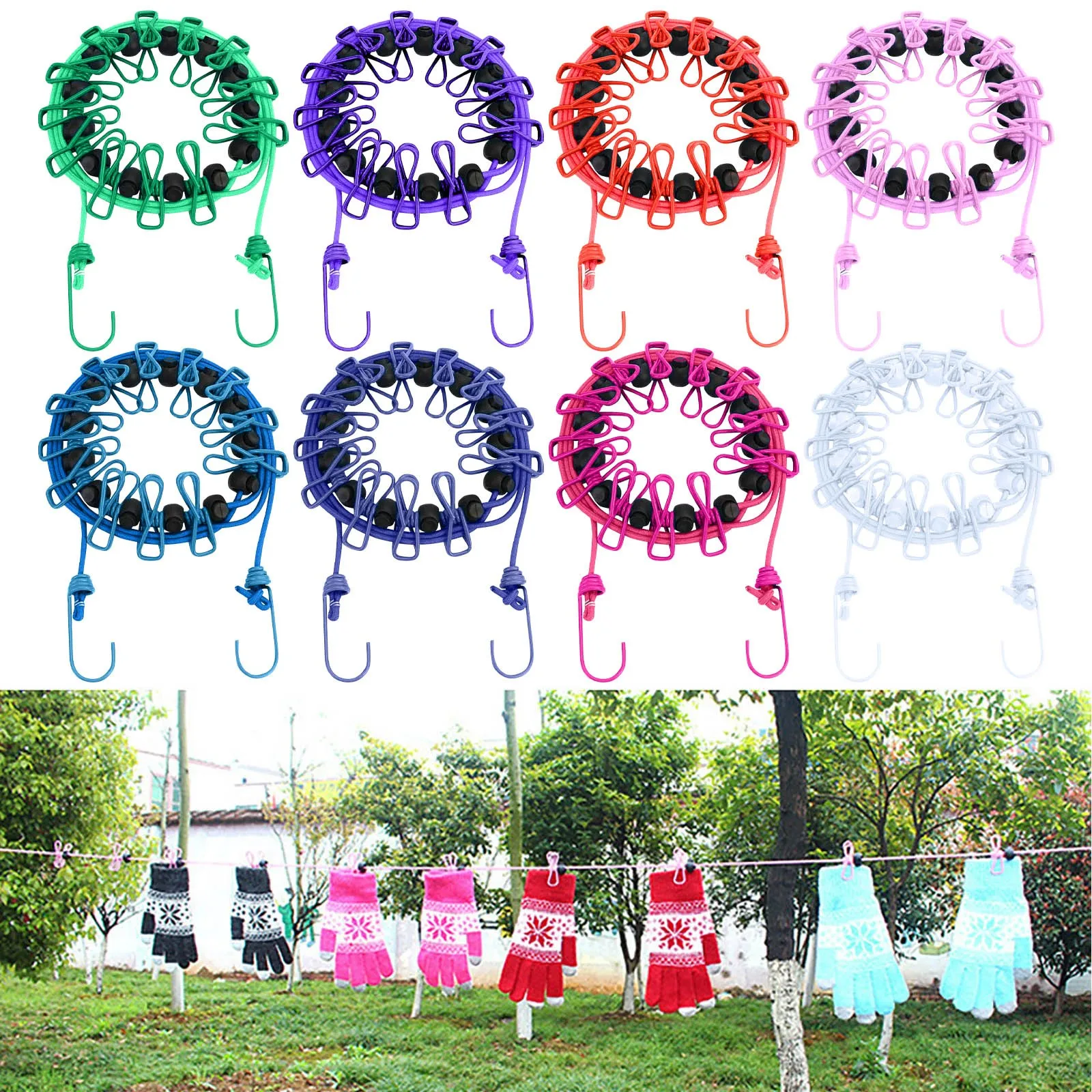 Portable Travel Camping Clothesline Washing Clothes Line Rope with 12 Peg Clips 