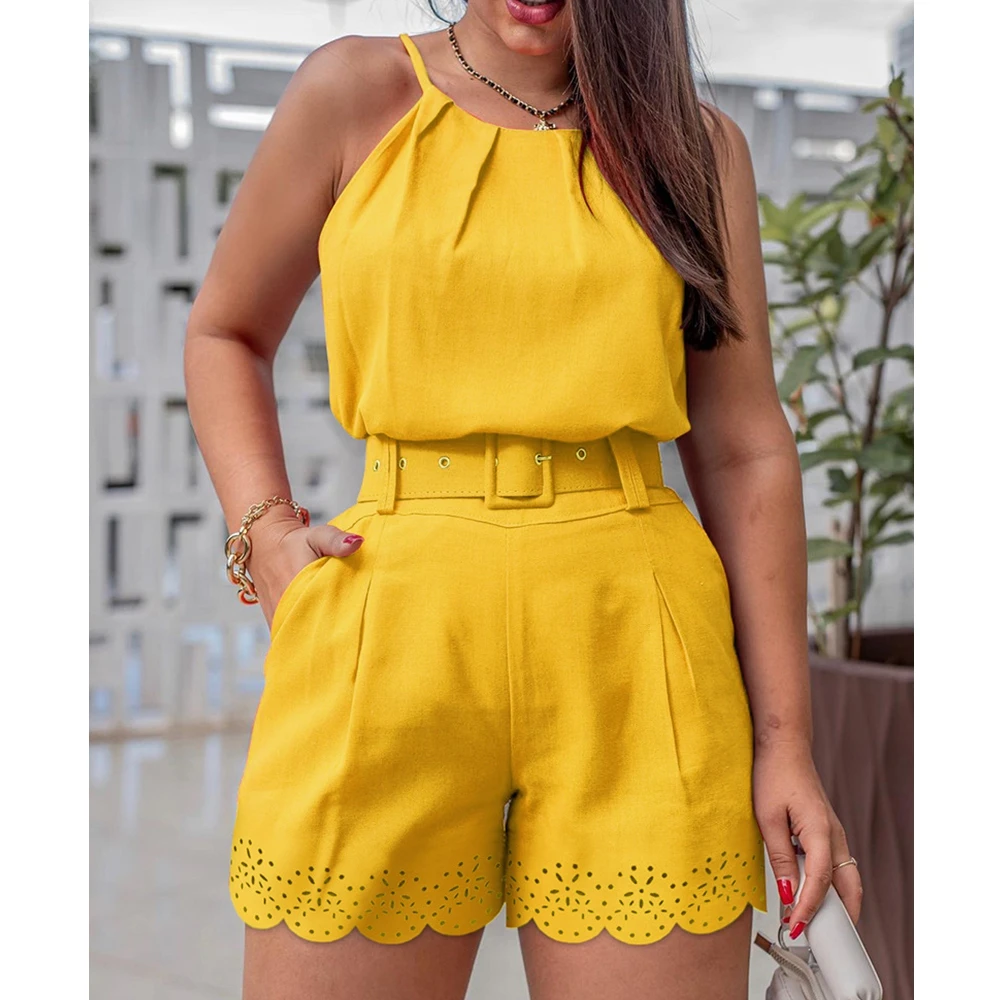 

Брюки Wepbel женские из 2 предметов (с поясом), однотонный пикантный топ на бретелях, топ без рукавов, Короткие штаны с цветочным принтом, наряды