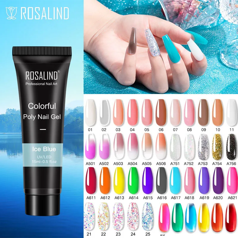 ROSALIND Acrylic Extension Builder Crystal Poly Nail Gel Semi Permanent Hybrid Varnish Nail Art Top Base UV Poly Nail Polish