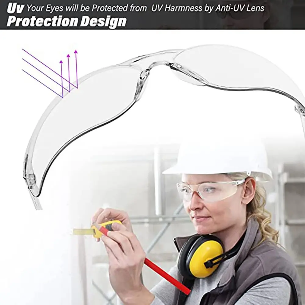 Paquet de 10 lunettes anti-éclats transparentes empilées sur fond blanc