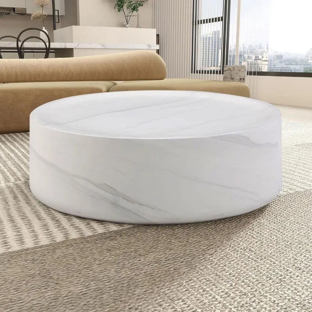 39.37 inch round coffee table, modern marble textured coffee table, fiberglass drum shape, no assembly required (white) 5
