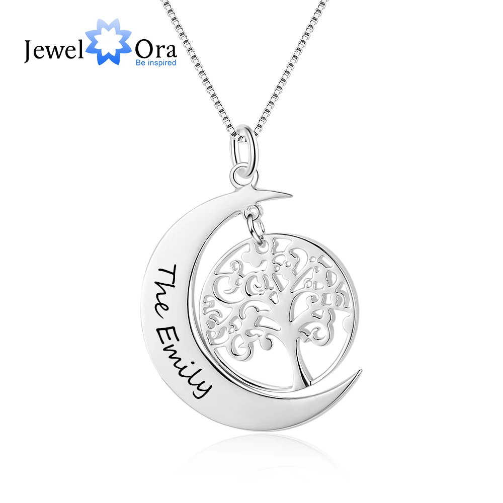 

Moon Shape Life Of Tree Design Personalized Engrave Name Necklace Silver Color Necklaces & Pendants (JewelOra NE102382)