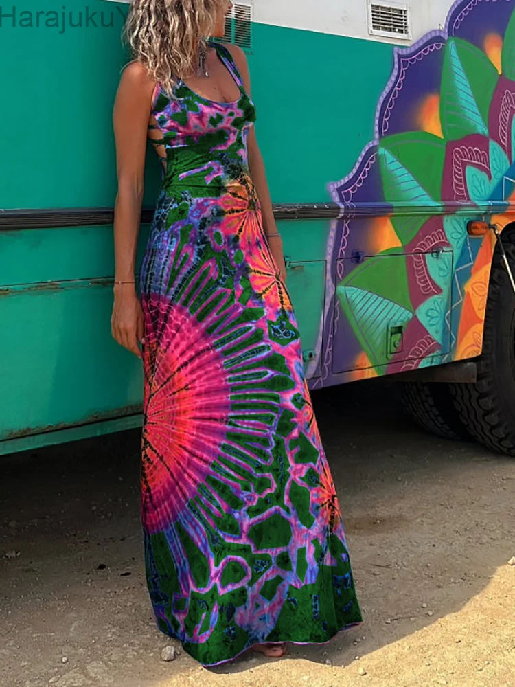 

Cross Patchwork Backless Sexy Slim Dresses Summer Women Round Neck Sleeveless Dress Chic Holiday Femme Print Off Shoulder Dress