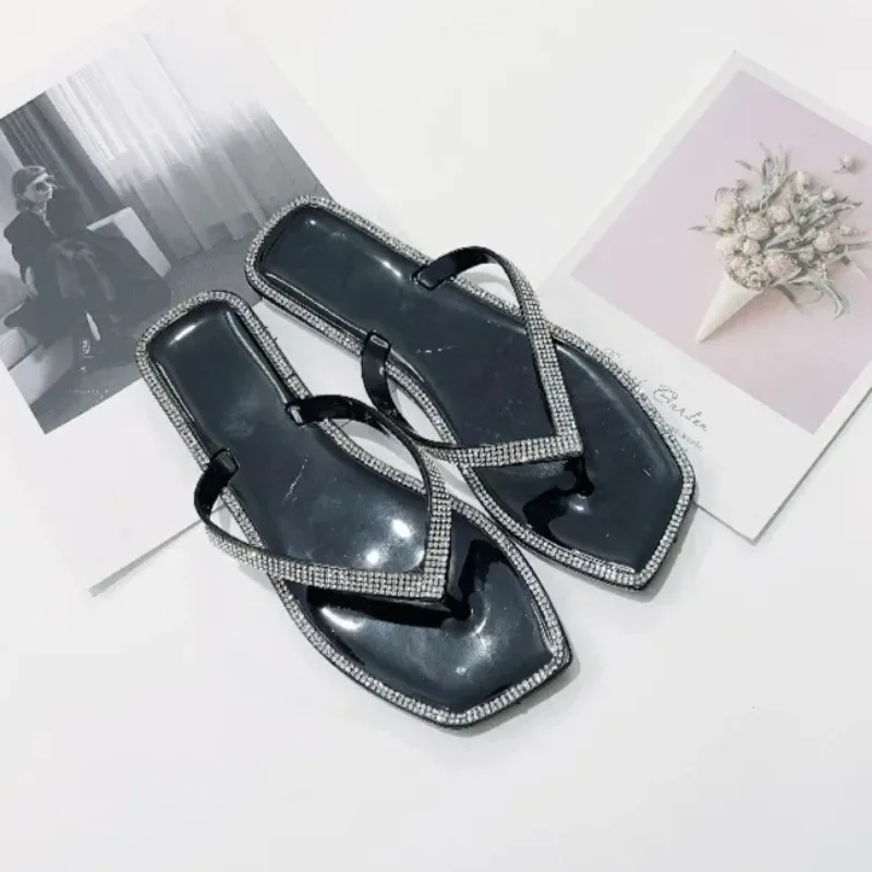 New Summer Square Toe Rhinestone Flip-flops Women's Slippers Fashion Flat Transparent Jelly Shoes Outdoor Casual Beach Slides
