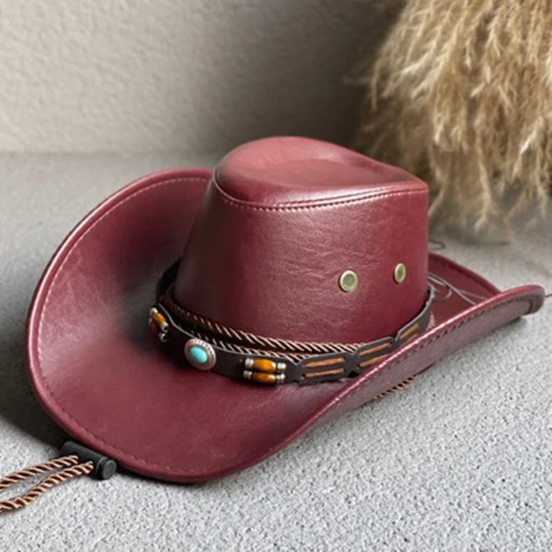 New Faux Leather Western Cowboy Hats For Women Men Vintage Gentleman Dress Hats Panama Cowgirl Jazz Cap Sombrero Hombre images - 6