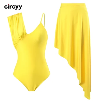 Circyy One Piece Swimsuit Women Yellow Pleated Bodysuit Fashion Holiday Bikini Set Irregular Beach Skirts Summer 2025 Swimwear