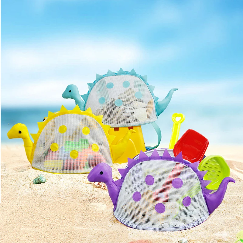 Fashion Colorful Mesh Beach Bag Sea for Kids Dinosaur Sea Shell Bag Beach Toys Storage Bag Adjustable Small Mesh Bag with Zipper 4