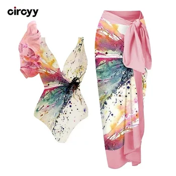 Circyy Print Swimsuit Women Bodysuit Ruffled Chiffon Beach Long Skirt French Vintage Bikini Set Summer 2025 Holiday Bathing Suit