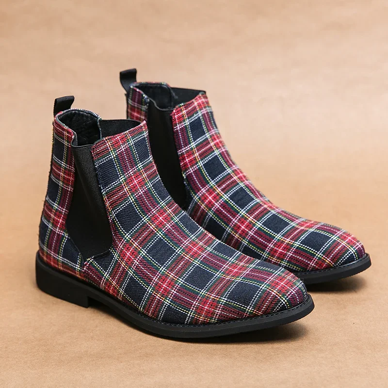 Men Classic Chelsea Boots Personality Color-blocking Plaid Round Toe Low-heeled Slip-on Fashion Casual Street Daily Men Shoes