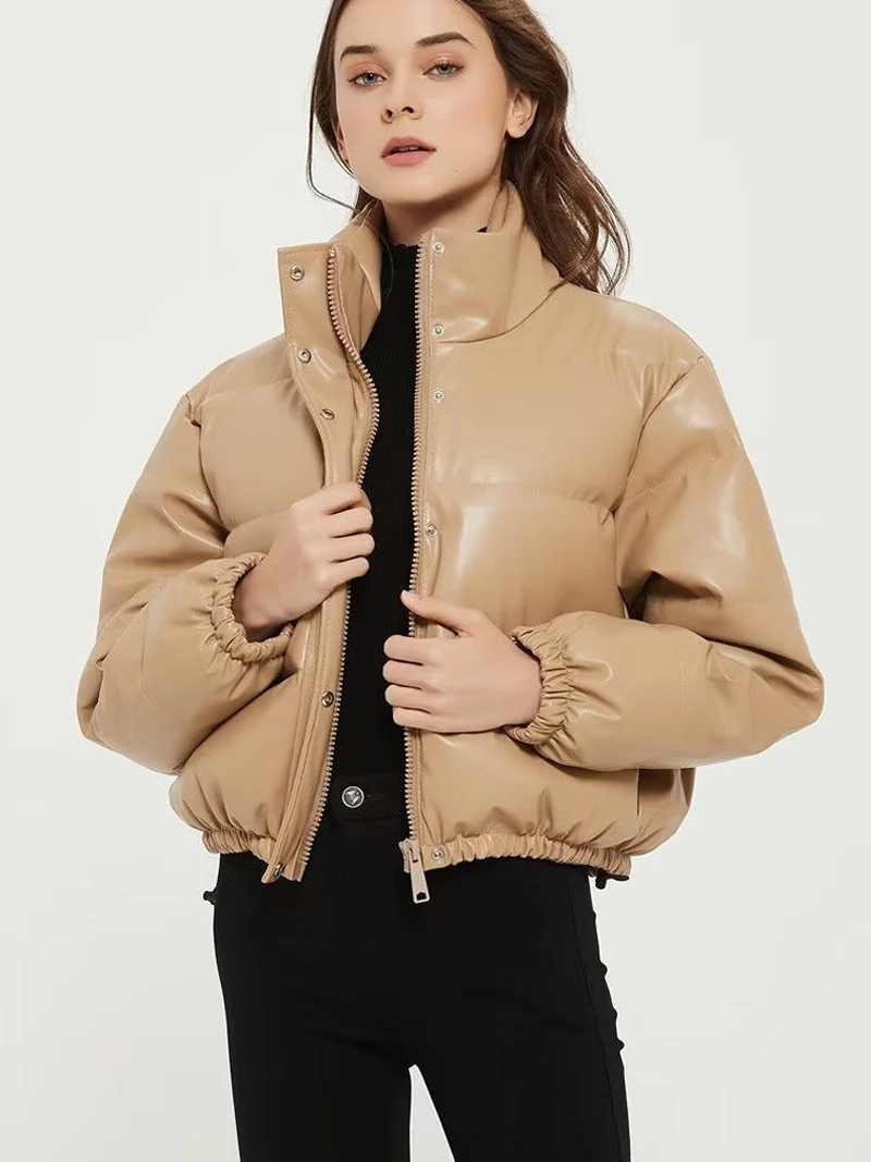 

2023 PU Leather Winter Jacket for Women Thick Warm Short Cotton-Padded Coat Solid Cropped Leather Jacket Stand Collar Parkas