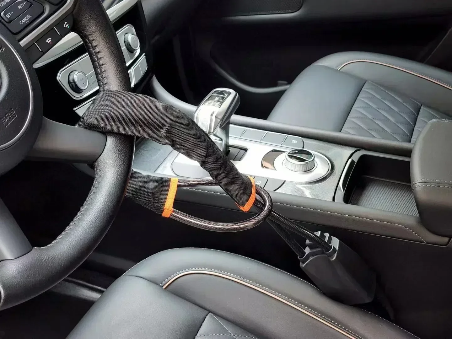 Universal Car Steering Wheel Lock with Seat Belt Socket and Steel Cable - Anti-Theft Protection Device with 3 Keys