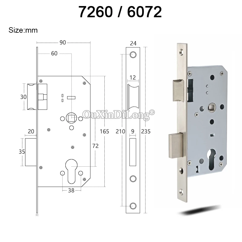 HOT European Mortise Door Lock body 7250/7255/7260/7265 Passage Fire Proof Door Lockbody Security Split Lock Repair Parts
