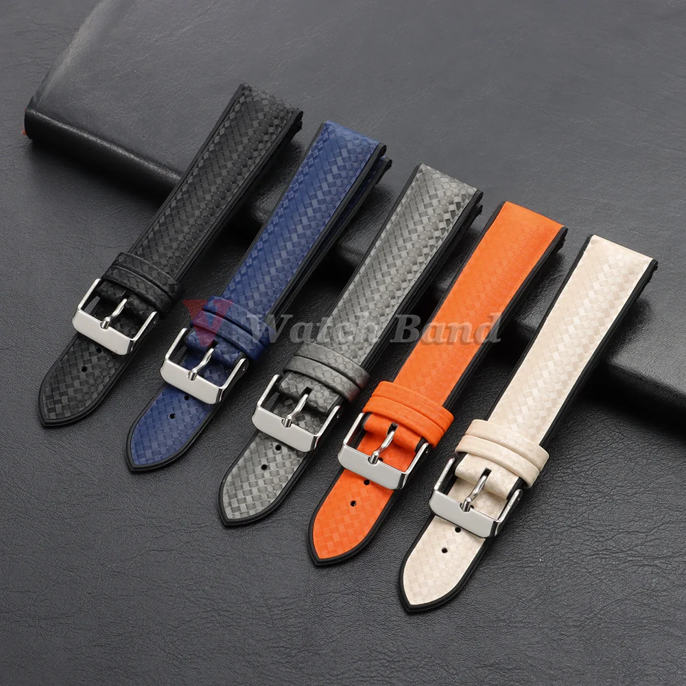 Carbon Fiber Hybrid Waterproof Silicone Watch Strap - Grey, Orange, Blue